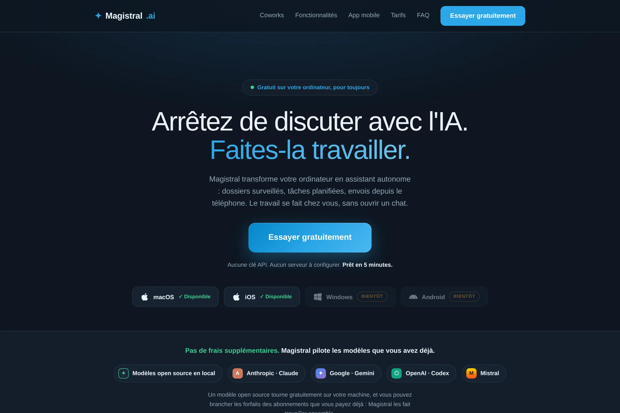 Page d'accueil de Magistral : « Arrêtez de discuter avec l'IA. Faites-la travailler. »